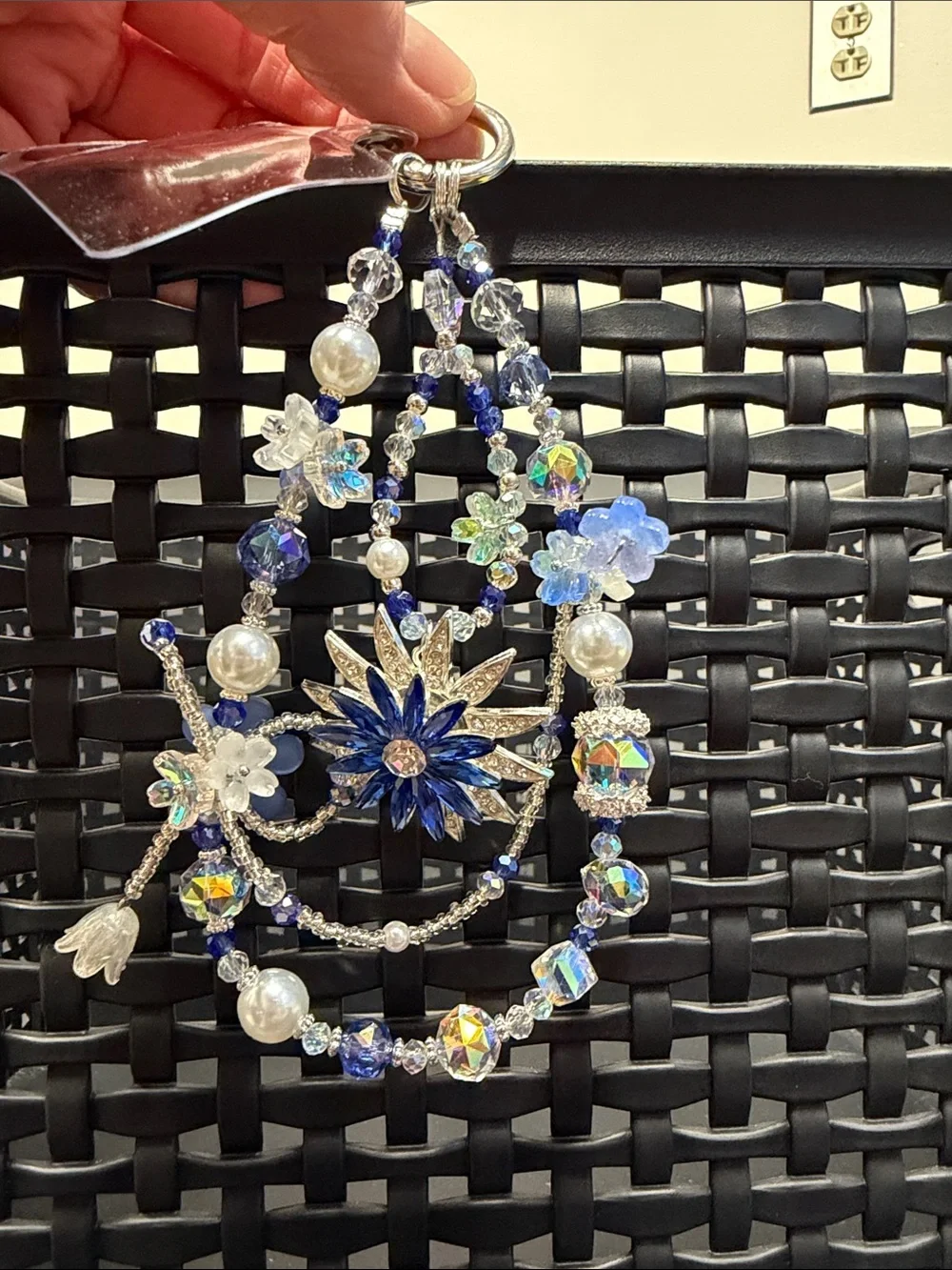 Crystal Floral Blue and Silver Pendant Keychain or Phone Charm - Women Jewelry